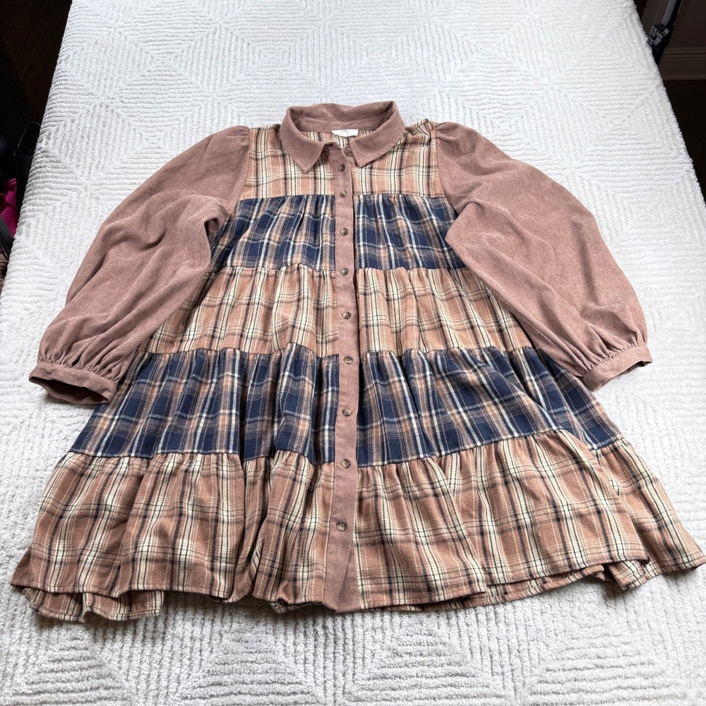 Entro Plaid Corduroy Dress Womens XL Brown Tiered Cottagecore Prairie Autumn